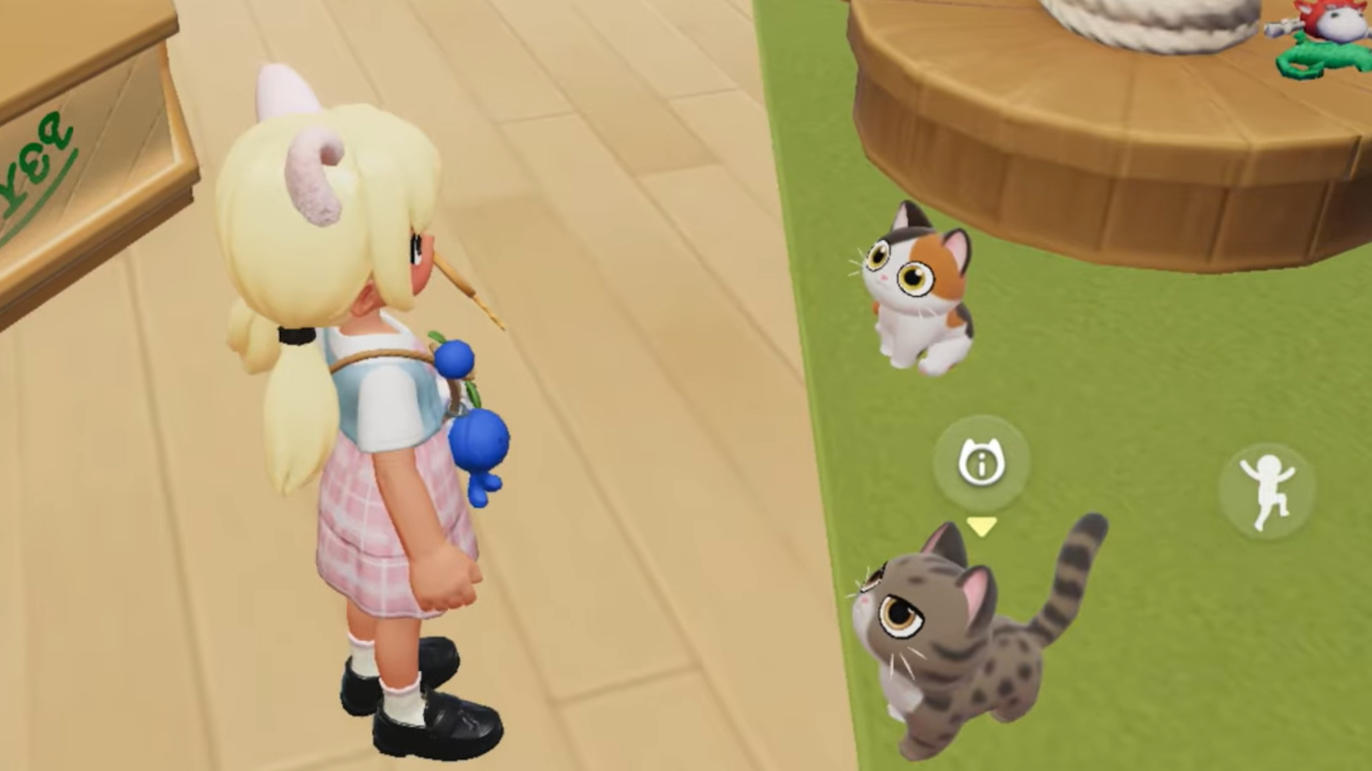 Heartopia pet care scene showing cats available for adoption at Mrs. Joan's pet shop
