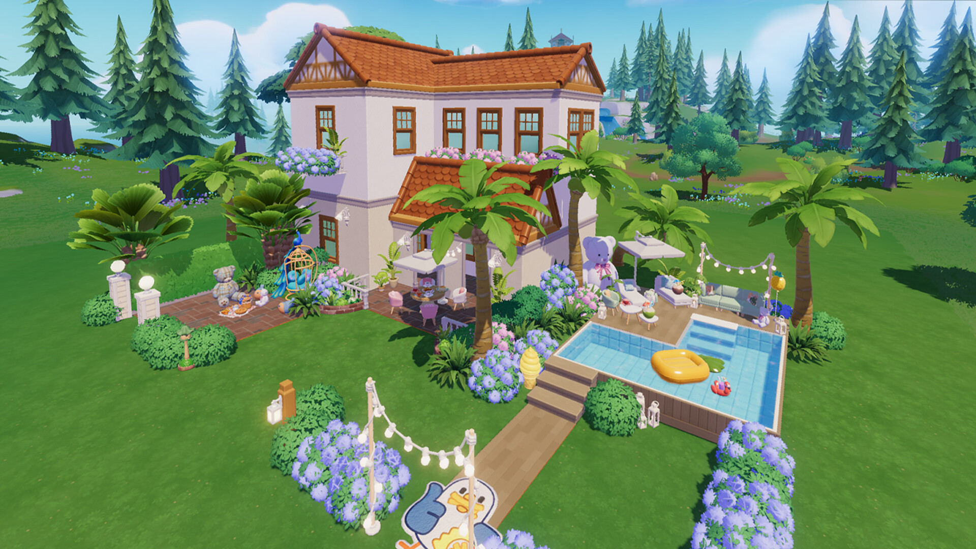 Heartopia player home with pool, garden furniture, and outdoor decor in a sunny courtyard