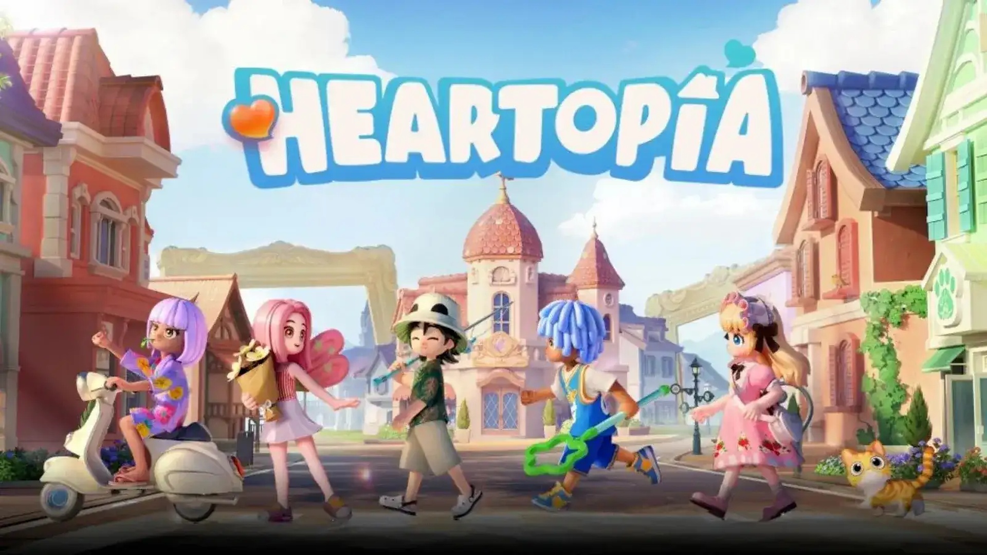 Heartopia town scene with NPCs and characters walking around the central plaza