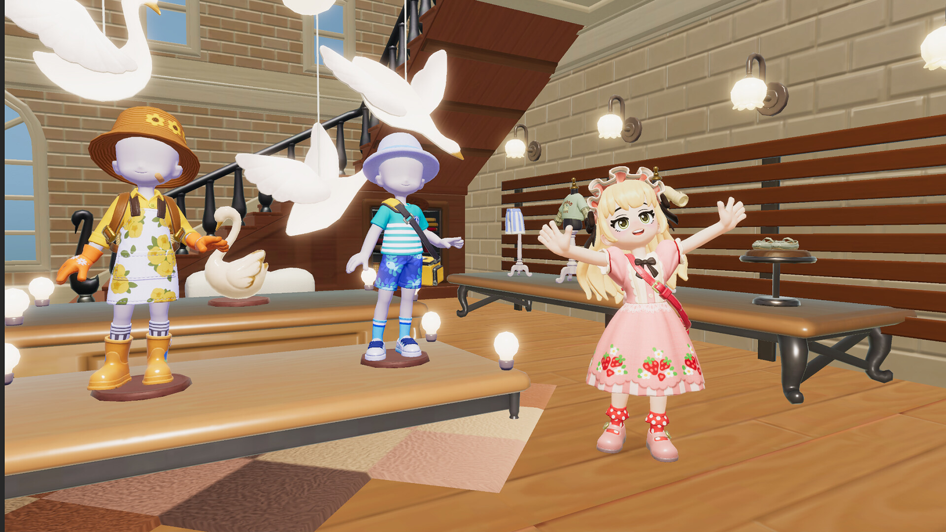 Heartopia clothing store interior with mannequins and display items