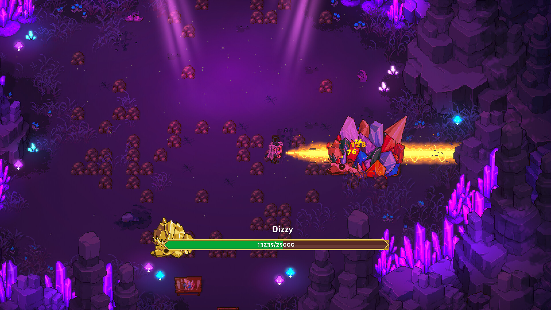 Sun Haven Dizzy boss battle in the mines with player character attacking