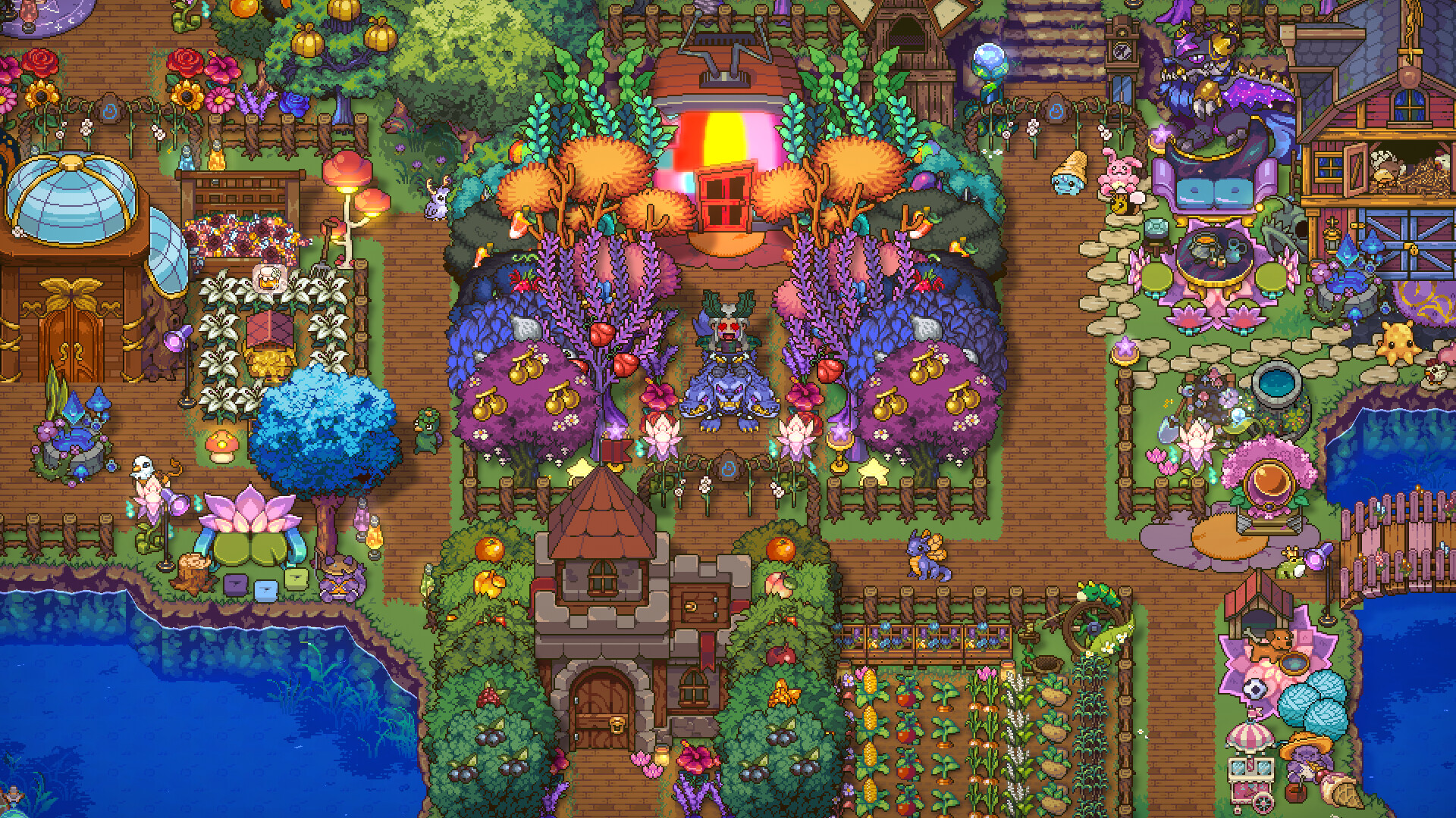 Sun Haven farm layout overview showing buildings, crop fields, and pathways