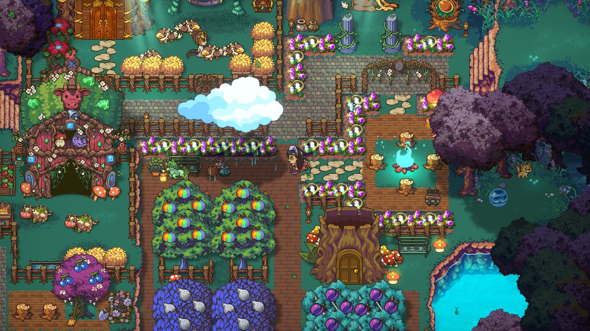 Sun Haven gameplay showing a farming garden with tilled crop plots and growing vegetables on the player's farm