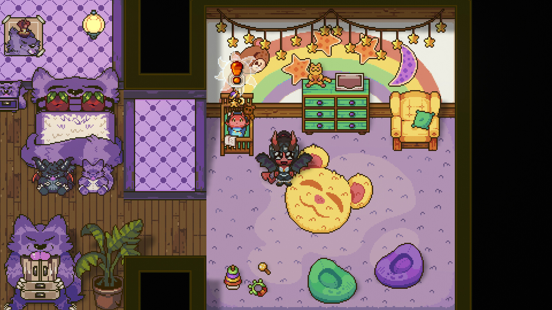 Sun Haven house interior with purple cat-themed furniture, wallpaper and flooring