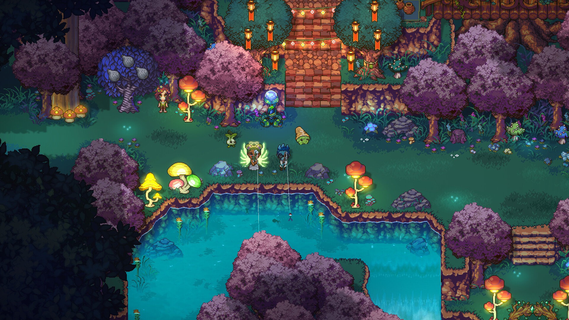 Sun Haven lakeside village at dusk with purple trees, a pier, and calm water, a calm romantic scene for dating and marriage