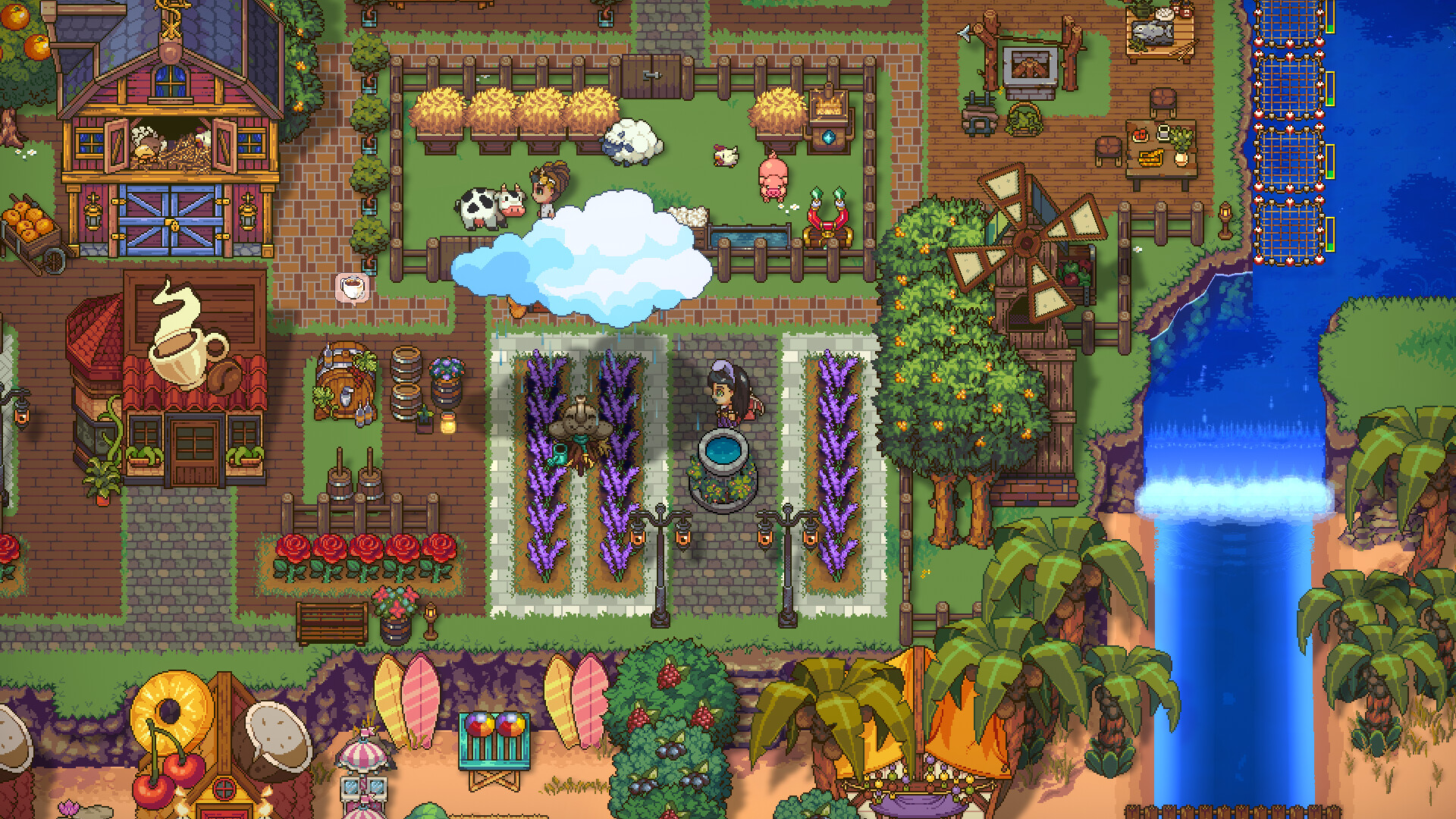 Sun Haven developed farm mid-game with crops, animals, buildings and organized farm plots