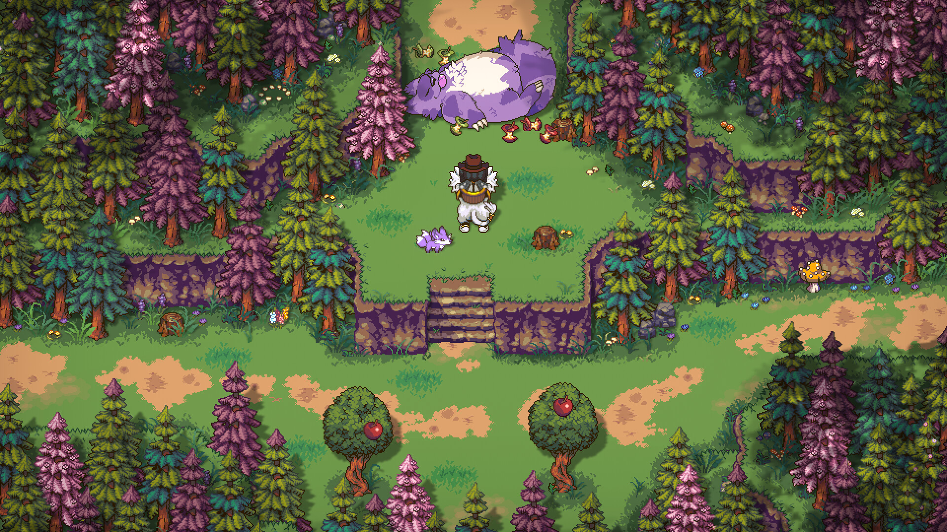 Sun Haven forest scene with forageable mushrooms and fruit trees in the Northern Forest