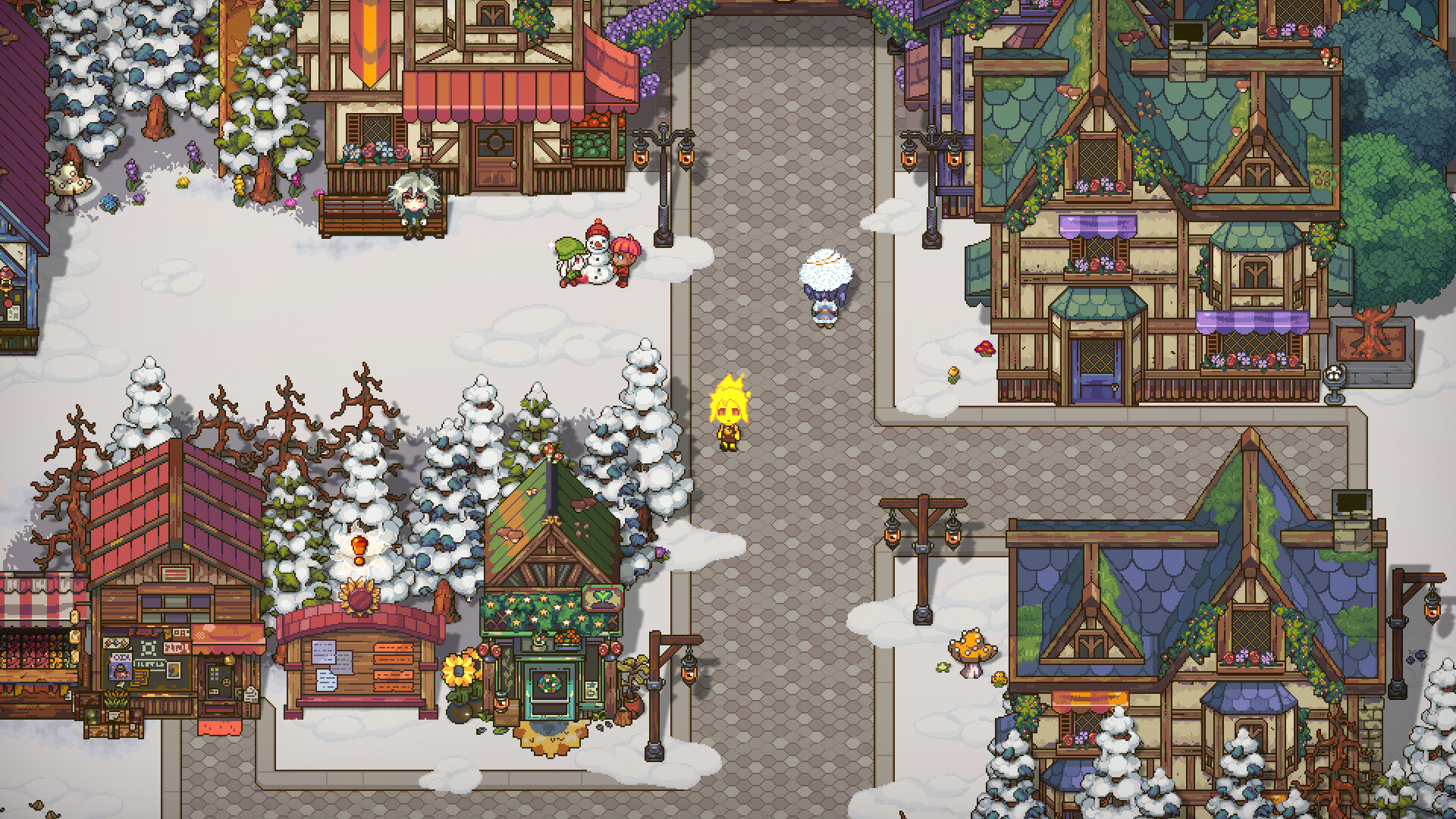 Sun Haven town scene showing companion creatures and pets that follow players on adventures