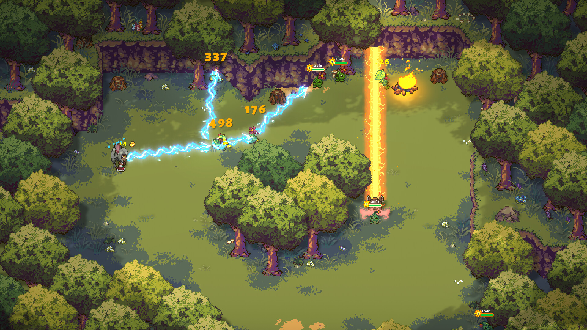 Sun Haven combat screenshot showing a chain lightning spell and fire pillar hitting enemies