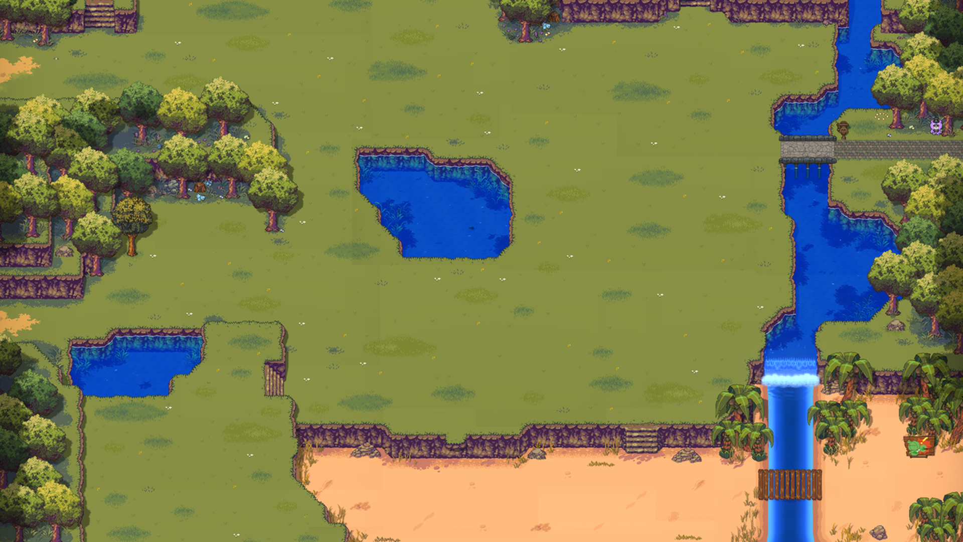 Sun Haven untouched starting world map overview showing rivers, beaches and natural terrain before farm development
