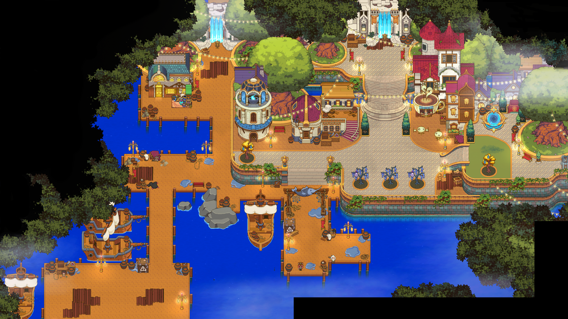 The Dock District, the waterfront quarter of The Great City in Sun Haven, with ships, market stalls and the plaza