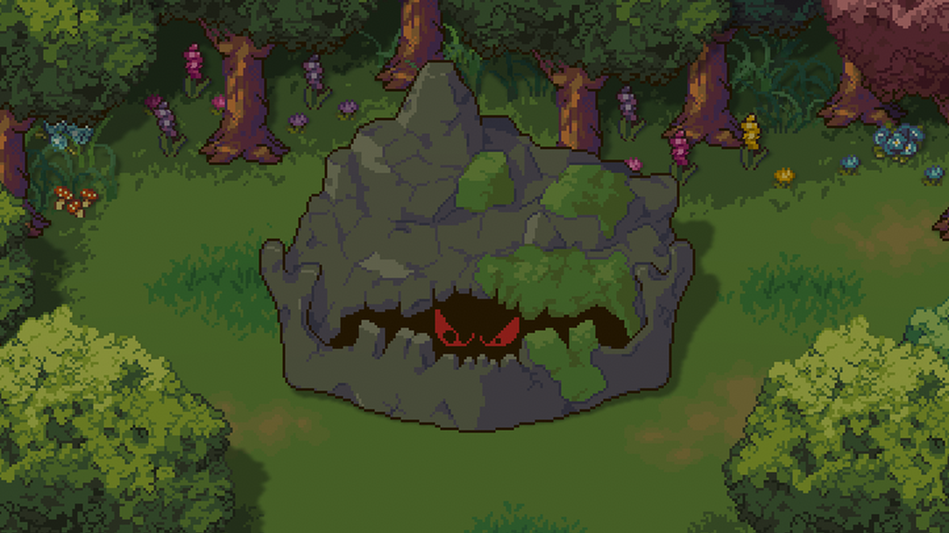 Krusty, the mossy stone farm boss in Sun Haven, looming in a forest during the Spring event
