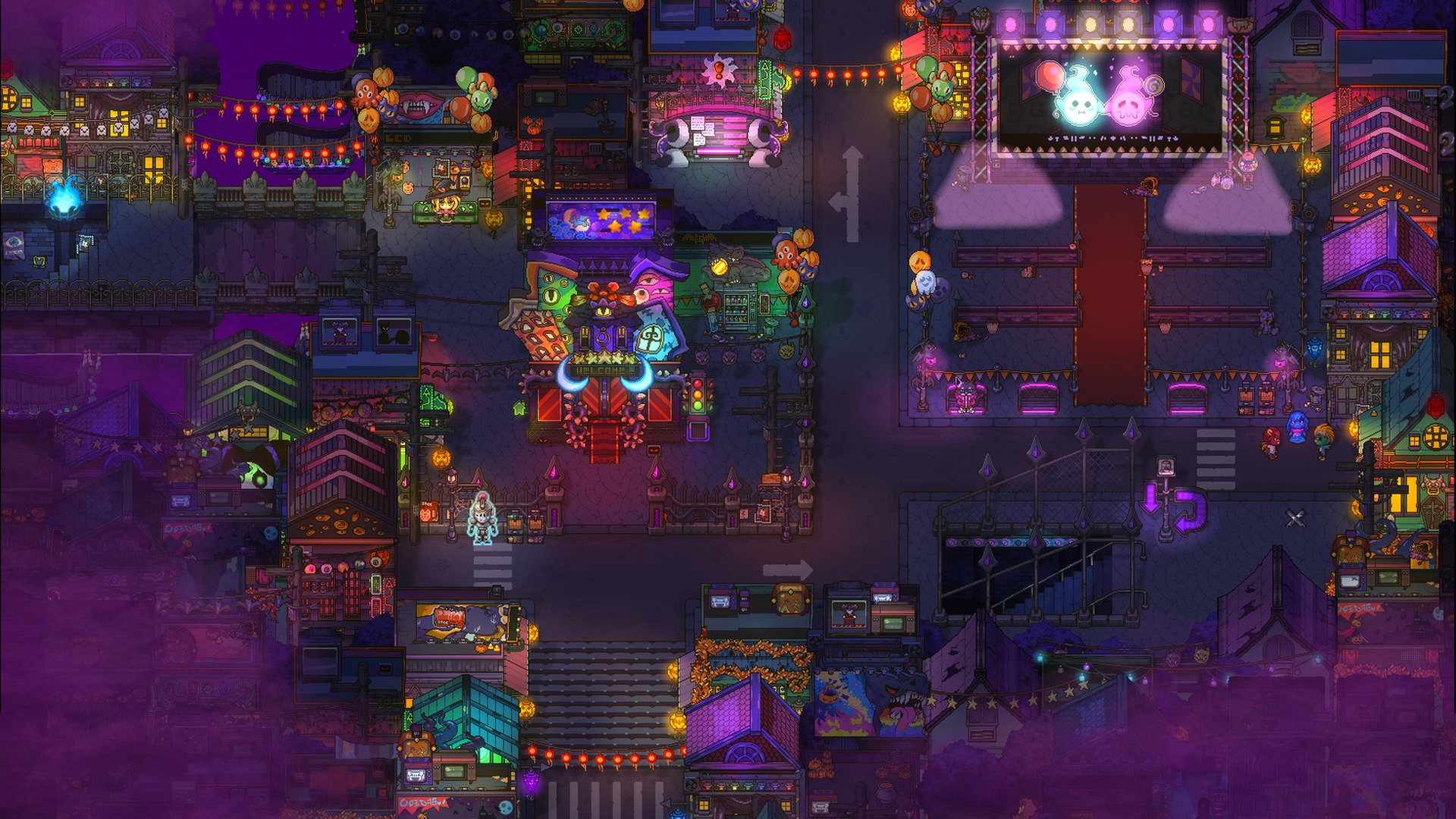 A view of the city streets and buildings of Withergate, the demon hub town in Sun Haven