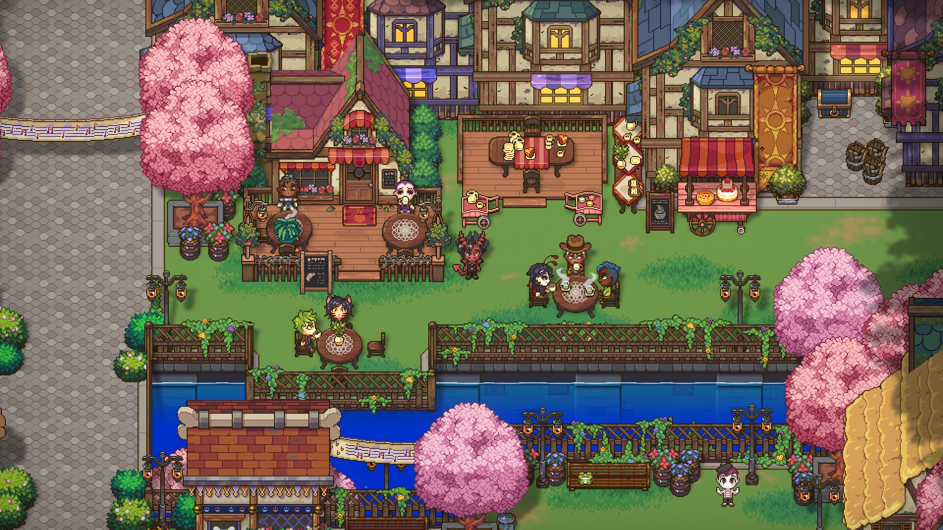 Sun Haven spring town center with market stalls, flower bridges and a river