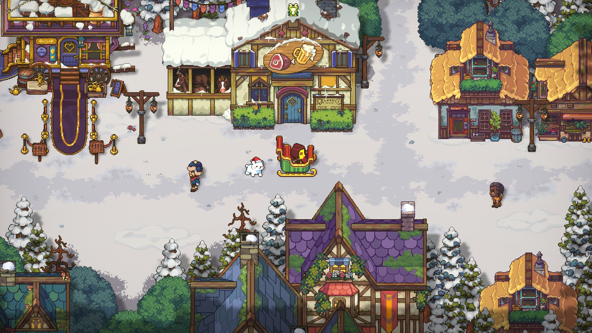 Sun Haven winter town with an inn, storefronts and snowy streets